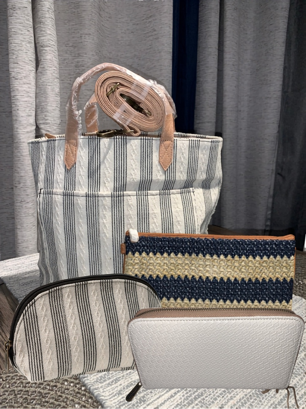 thirty-one Striped Canvas Tote with Navy and Cream Accessories